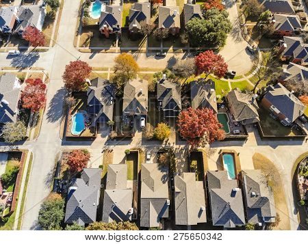 Aerial View Urban Subdivision Houses With Pool And Autumn Leaves Near Dallas