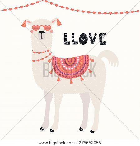 Hand Drawn Valentines Day Card With Cute Funny Llama In Heart Shaped Glasses, Text Llove. Vector Ill