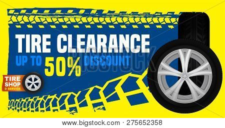 Vector Tire Sale Out Banner Template. Grunge Tire Tracks Background For Landscape Poster, Digital Ba