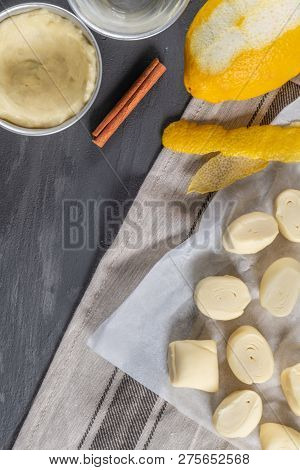 Ingredients For Homemade Baking Portuguese Egg Tarts - Flour, Milk, Water, Egg, Sugar, Lemon, Cinnam