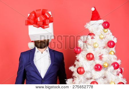 Thinking About Gift Ideas. Come Up With Good Present. Gift Service. Head Downtrodden With Thoughts W