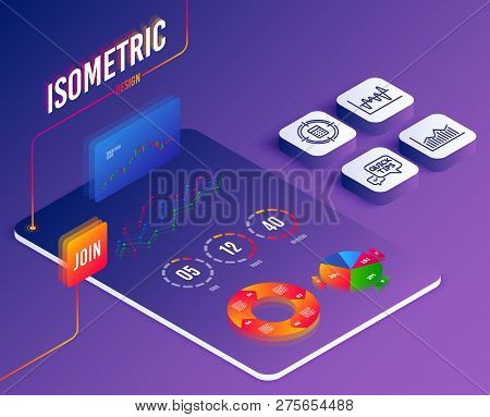 Isometric Vector. Set Of Money Diagram, Stock Analysis And Calculator Target Icons. Quick Tips Sign.