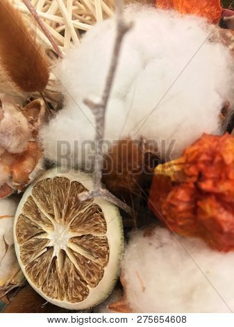 Autiful Festive Christmas Composition, Cotton, Cinnamon, Lime In A Box. Natural And Organic Christma