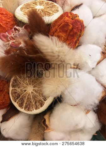 Autiful Festive Christmas Composition, Cotton, Cinnamon, Lime In A Box. Natural And Organic Christma