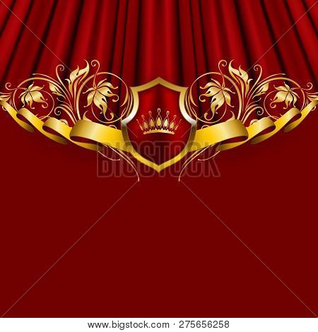 Royal Background With Ornament, Shield, Gold Crown, Ribbon, Blazon, Place For Text In Vintage Style.