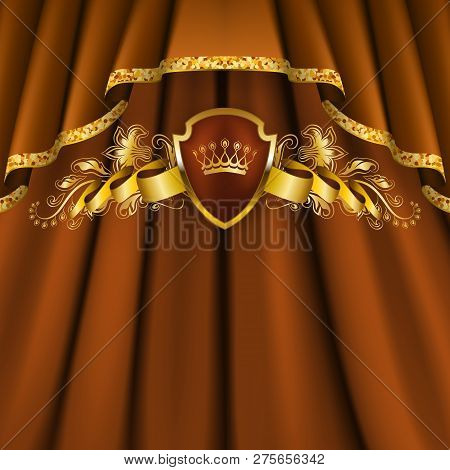 Royal Background With Ornament, Shield, Gold Crown, Ribbon, Blazon, Place For Text In Vintage Style.