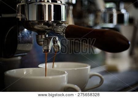 Getting Your Perfect Drink. Coffee Being Brewed In Coffeehouse Or Cafe. Coffee Cups. Small Cups To S