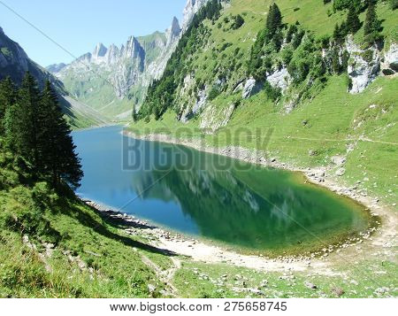 Alpine Lake Fahlensee In Mountain Range Alpstein - Canton Of Appenzell Innerrhoden, Switzerland