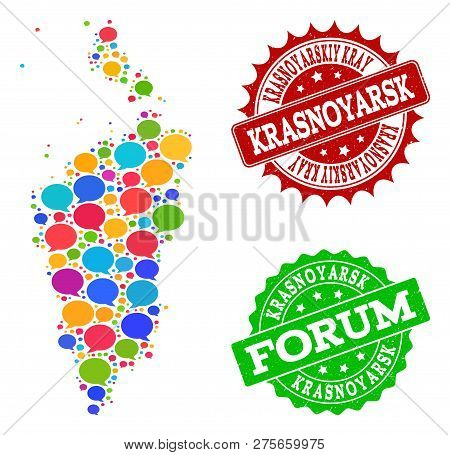 Social Network Map Of Krasnoyarskiy Kray And Scratched Stamp Seals In Red And Green Colors. Mosaic M