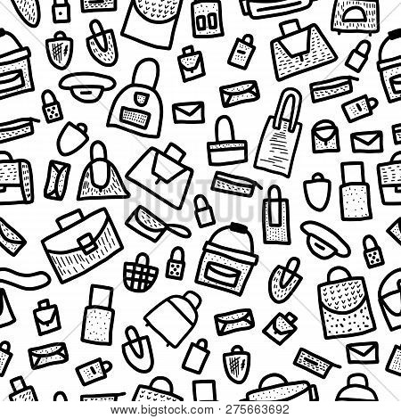 Seamless Pattern  Of Bags In Doodle Style. Hand Drawn Woman Accessories Background. Vector Black And