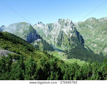View To The Peaks Fahlenalp Over The Fahlensee Lake In The Mountain Mass Alpstein - Canton Of Appenz