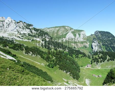 View To The Peaks Fahlenalp Over The Fahlensee Lake In The Mountain Mass Alpstein - Canton Of Appenz