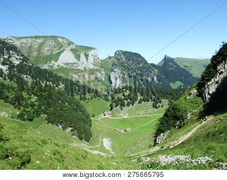 View To The Peaks Fahlenalp Over The Fahlensee Lake In The Mountain Mass Alpstein - Canton Of Appenz