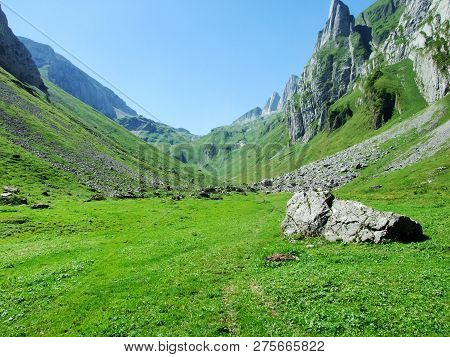 View To The Peaks Fahlenalp Over The Fahlensee Lake In The Mountain Mass Alpstein - Canton Of Appenz