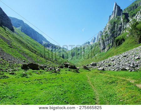 View To The Peaks Fahlenalp Over The Fahlensee Lake In The Mountain Mass Alpstein - Canton Of Appenz