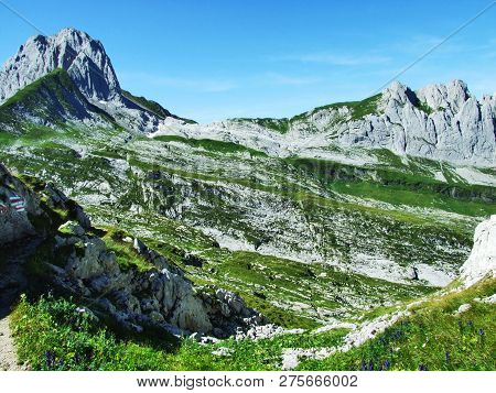 View To The Peaks Fahlenalp Over The Fahlensee Lake In The Mountain Mass Alpstein - Canton Of Appenz