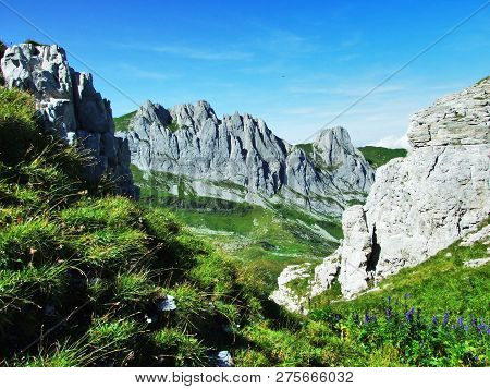 View To The Peaks Fahlenalp Over The Fahlensee Lake In The Mountain Mass Alpstein - Canton Of Appenz