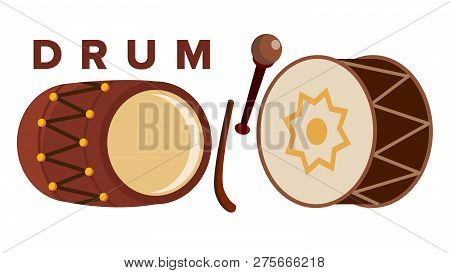 Drum Set Vector. Stick. Classic Loud Percussion Instrument. Festive Icon. Isolated Cartoon Illustrat