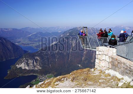 HALLSTATT, AUSTRIA - OCTOBER 16, 2018: 5 Fingers is a viewpoint platform in the Dachstein Mountains on Mount Krippenstein, Upper Austria. Five Fingers named of its hand like shape.