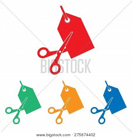Scissors Cutting Price Tag Icon. Vector Illustration, Flat Design. Tag