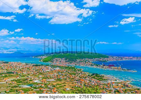 Aerial View At Trogir Riviera In Summertime, Landscape Scenery In Croatia, Europe.