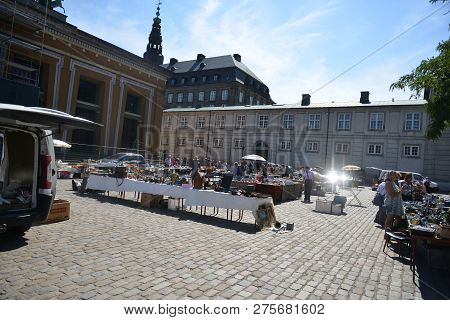 Copenhagen, Denmark - 13 July, 2018: Very Popular Flea Market In The Center Of Copenhagen
