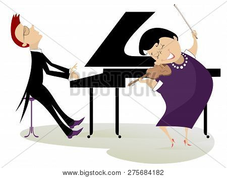 Couple Musicians Play Music On Violin And Piano Isolated Illustration. Duet Of Violinist Woman And P