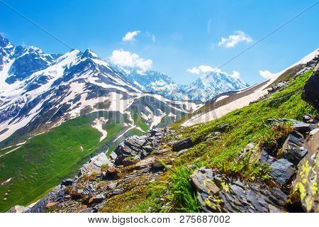 Spring Mountains Landscape. Caucasus Mountains In Georgia. Bright Day In Svaneti Region. Mountain Sc