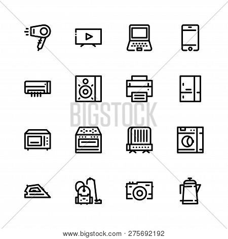 Icons Of Household Appliances Are Flat, Black On A White Background, Tv, Stove, Oven, Hairdryer, Ket