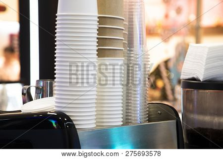 Paper Of Hot Coffee Or Beverage Cups Stack In The Row And A Column Decorate Cafe And Ready To Use.