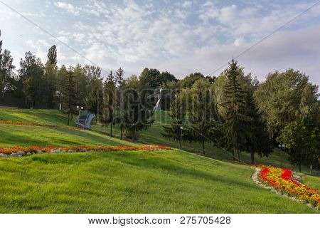Mozyr, Belarus - September 23, 2017: Statue of an old Soviet fighter plane is one of the landmarks in Mozyr, Southern Belarus