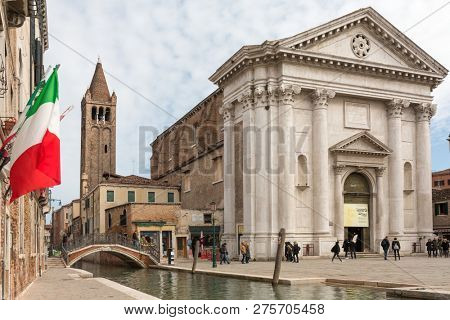 Venice, Italy - March 20, 2018: San Barnaba Church in Venice, Italy. A church at the site was built in the ninth century, destroyed by fire in 1105 and rebuilt in 1350.