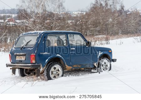 Moscow, Russia - December 25, 2018: Blue Russian Off-road Car Lada Niva 4x4 (vaz 2121 / 21214) Parke
