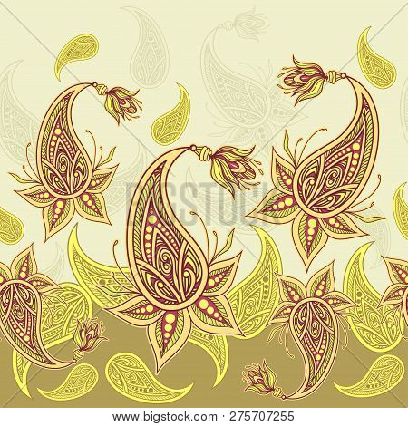 Seamless Border Pattern Or Texture With Paisley Beige  Olive Orange Brown On Light For Decoration Cl