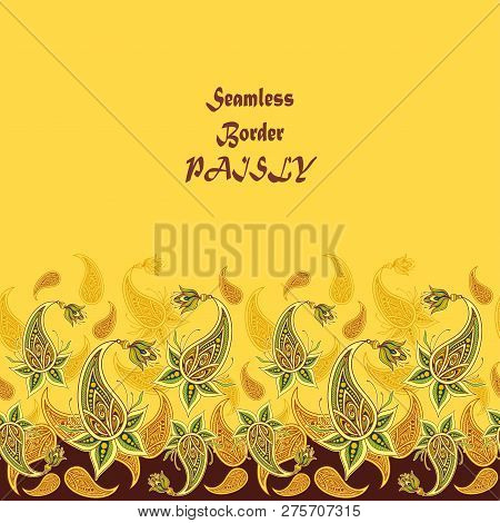 Seamless Border Pattern Or Texture With Paisley Yellow  Olive Orange Brown On Orange For Decoration 