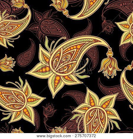 Seamless Pattern Or Texture With Paisley Beige Olive Orange Brown On Black  For Decoration Clothes T