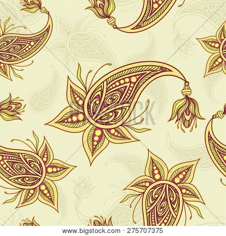 Seamless Pattern Or Texture With Paisley Beige  Olive Orange Brown On Light For Decoration Clothes T