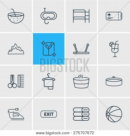 Vector Illustration Of 16 Tourism Icons Line Style. Editable Set Of Dry Cleaning, Jacuzzi, Exit And 