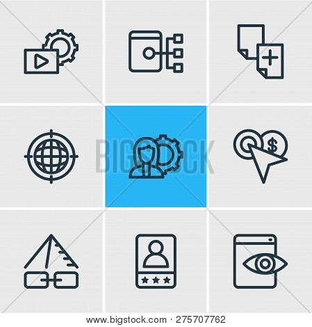 Illustration Of 9 Marketing Icons Line Style. Editable Set Of Sitemap, Customer Testimonials, Duplic
