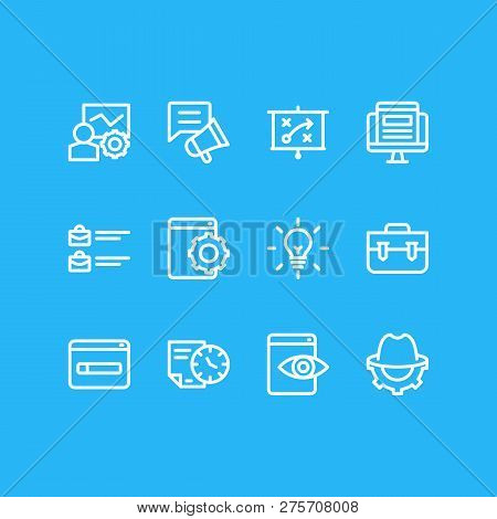 Illustration Of 12 Advertisement Icons Line Style. Editable Set Of Portfolio, Jobs Open, Seo Whiteha