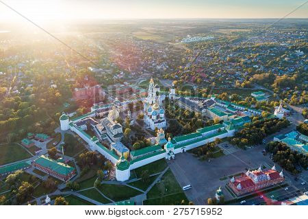 Panoramic Aerial View On Trinity St. Sergy Monastery At Autumn Sunset. Sergiev Posad, Russia