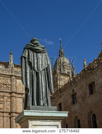 Statue Of Fray Luis In The Facade Of University Of Salamanca