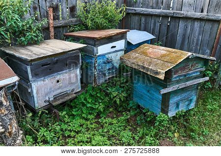 Old Empty Beehives In The Garden Near The Fence