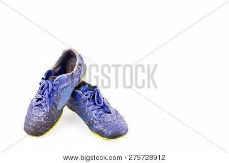 Old  Worn Out Dirty Blue Futsal Sports Shoes  On White Background Football Sportware Object Isolated