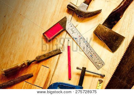 Try Square , Wood Pencil, Hammer, Saw, Clamp, Chisel, Vise, Tape Measure, File  For Carpenter On Woo