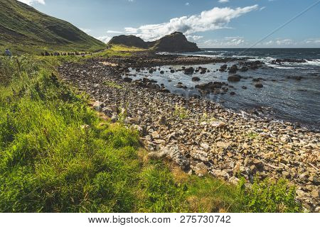 Close-up shoreline with boulders. Northern Ireland. Green grass covered Irish land with the stones next to the ocean water. Pacified landscape. Tourist attraction. Outdoor hiking activity.