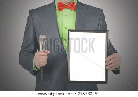 Blank Diploma Or Certificate Mockup In A Presenter Hands. Award Ceremony. Product Presentation. Spec