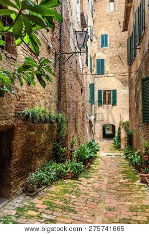Medieval Narrow Street Vicolo Degli Orefici In Old City Siena, Tuscany, Italy.
