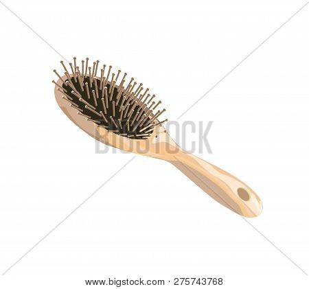 Hairbrush Isolated On White Background. Wood Hairbrush. Vector Illustration.