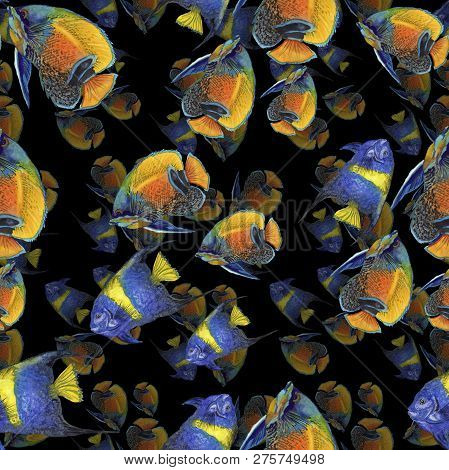 Watercolor Aquatic Underwater Colorful Tropical Fish Illustration Set. Seamless Background Pattern.